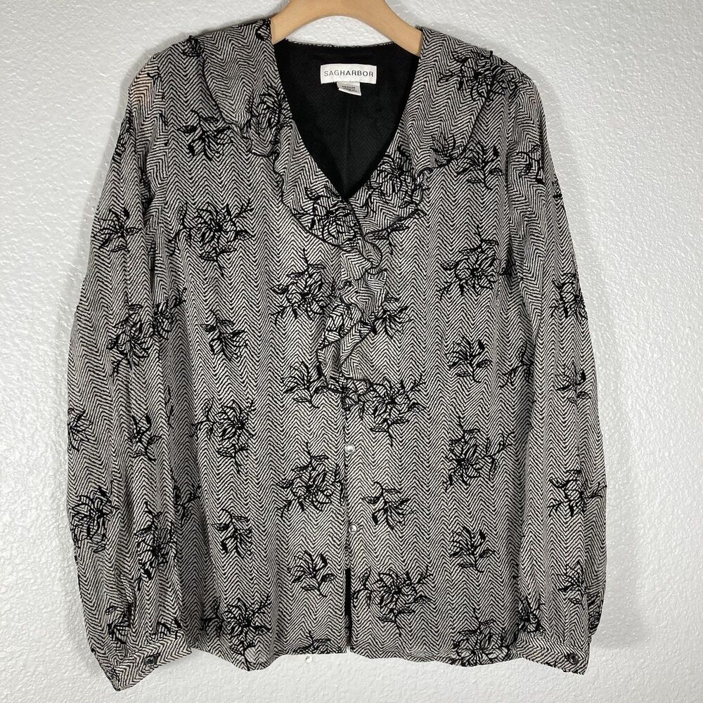 Black Velvet Burnout Blouse Top M Floral Sheer Ruffle Collar Layered Whimsical